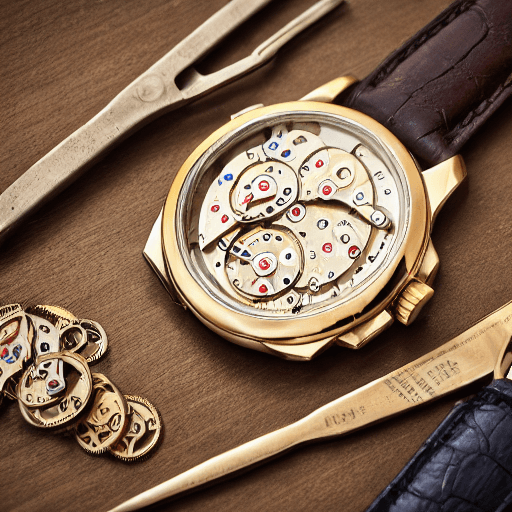 Gold wristwatch with its case back open to reveal the movement, next to watchmaker tweezers and spare gears