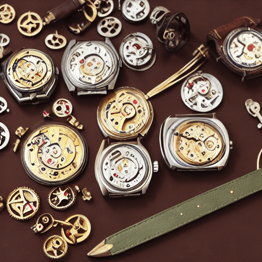 Vintage watch cases and exposed movements laid out on a bench during repair and servicing