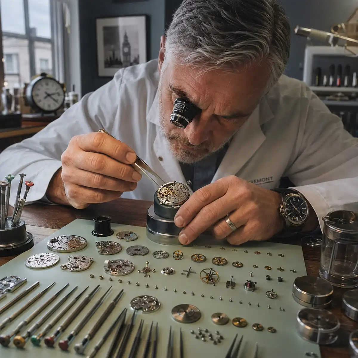 Close-up of a mechanical watch movement during a UK watch servicing procedure, showing lubricated gear train components and escapement