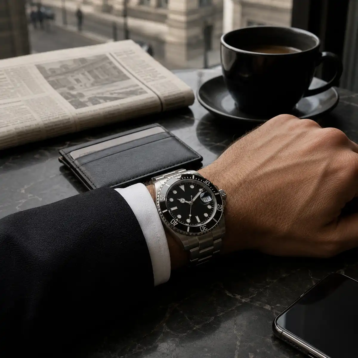 Close-up of a Rolex Submariner Date Oyster bracelet showing link construction and Glidelock clasp used during daily wear