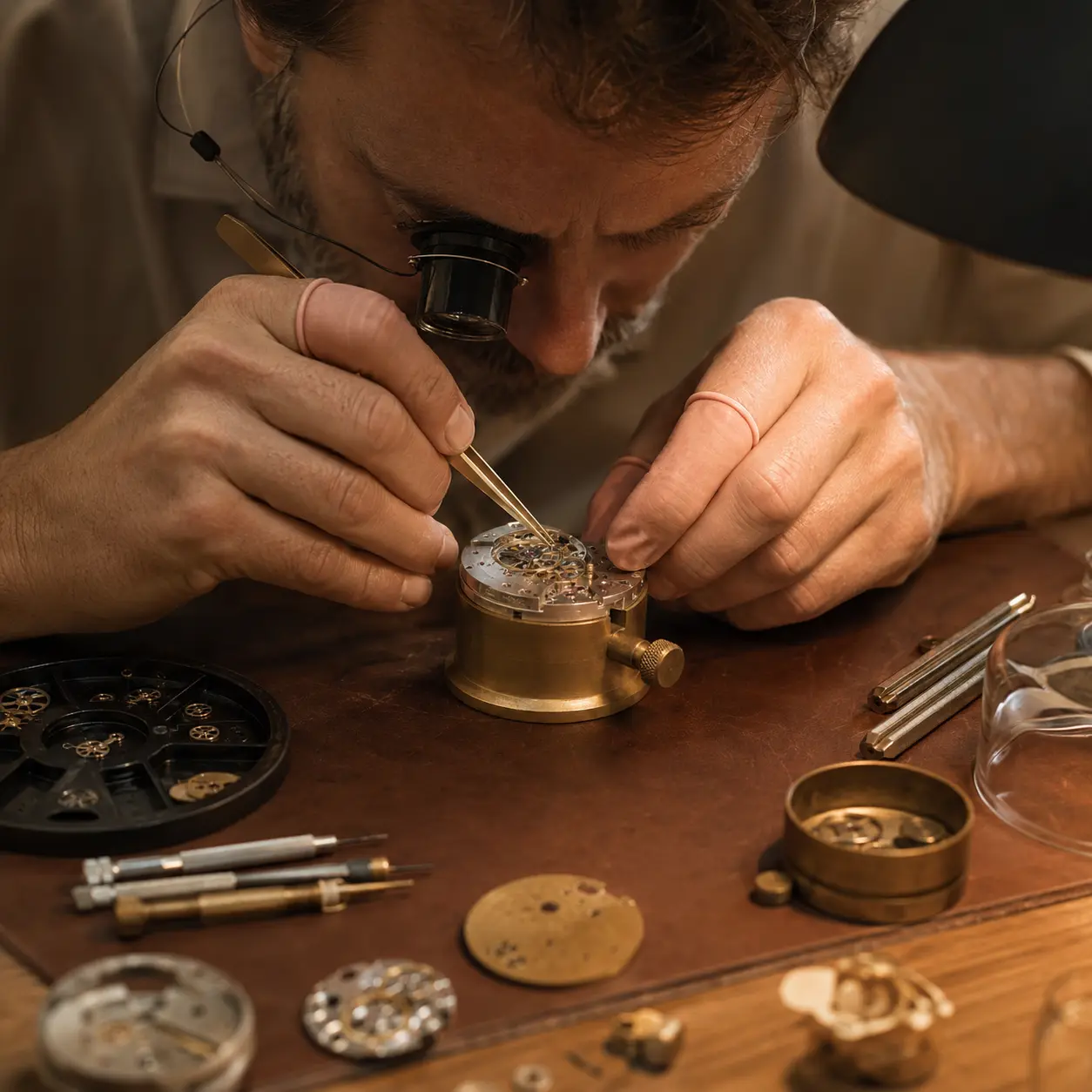 Independent watchmaker using a loupe and tweezers to assemble a mechanical watch movement at the bench