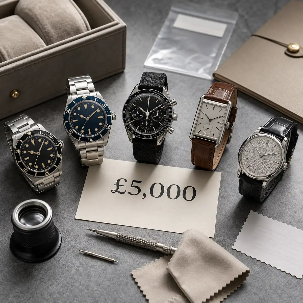 Cartier Tank Must and Grand Seiko Heritage watches side by side, illustrating dress watch options among pre-owned luxury watches under £5,000