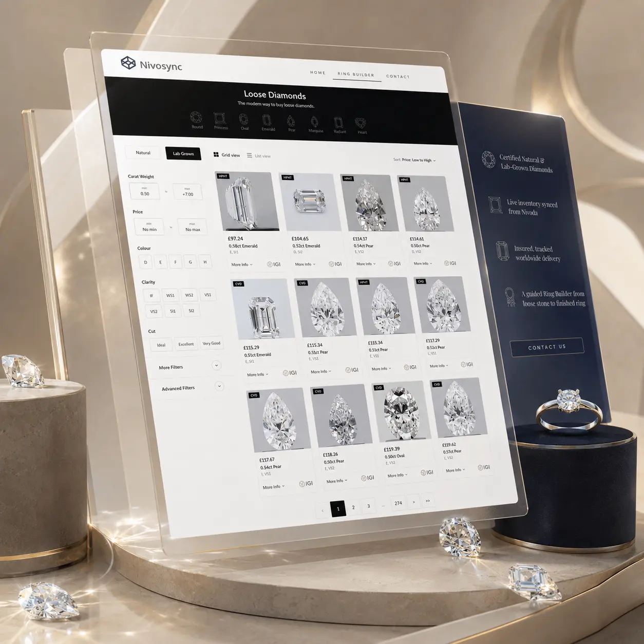 Online catalogue listing certified natural and lab grown diamonds with IGI grading reports