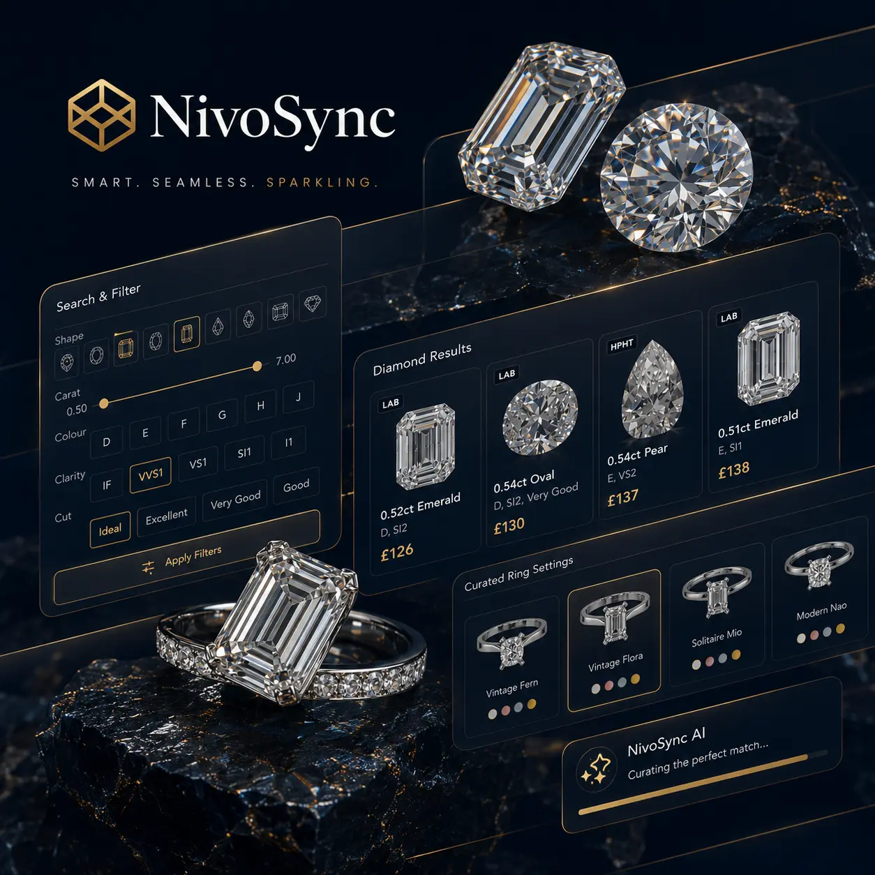 Diamond search filters and certified stone results showing clarity and cut grades