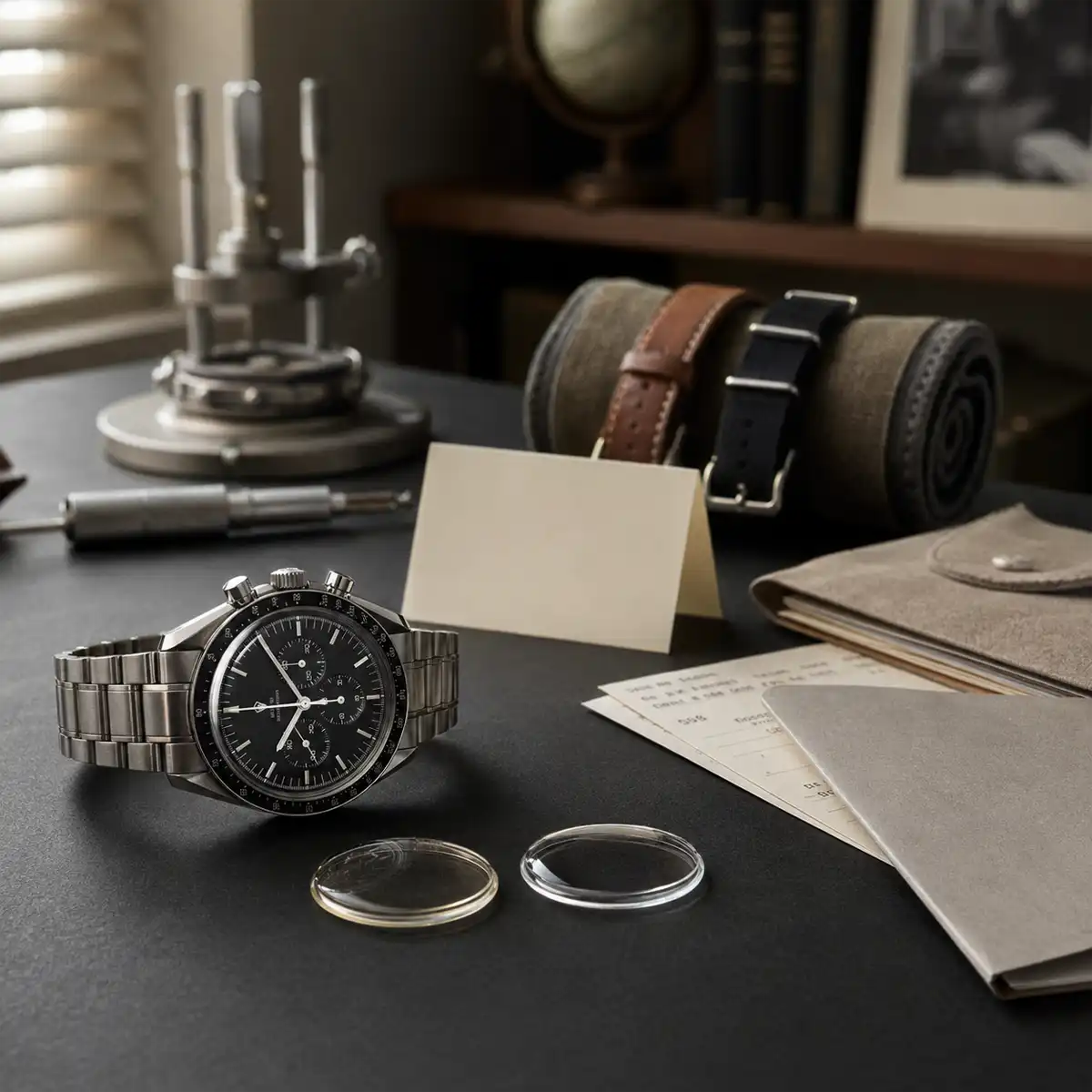 Omega Speedmaster Moonwatch step dial with printed chronograph minute tracks and aluminium bezel, showing legibility in low light